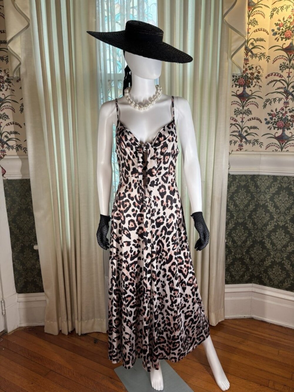 Leopard Print Tie Front Button Spaghetti Strap A-Line Midi Dress M New
